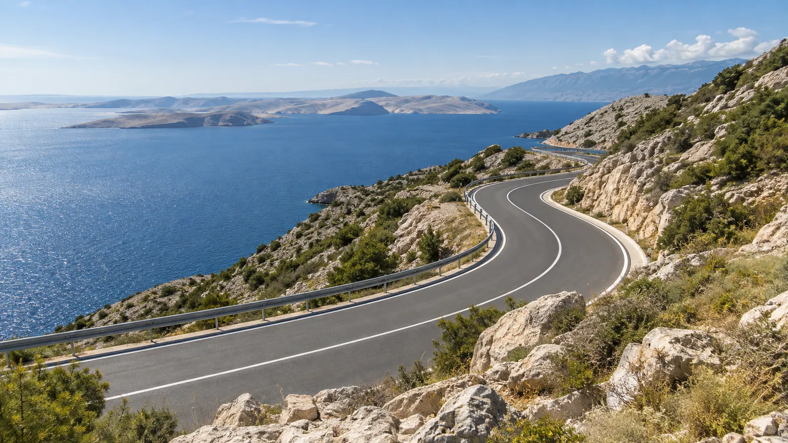 Open bends of Croatia's DC8 trace the Kvarner coast above the Adriatic Sea and offshore islands.