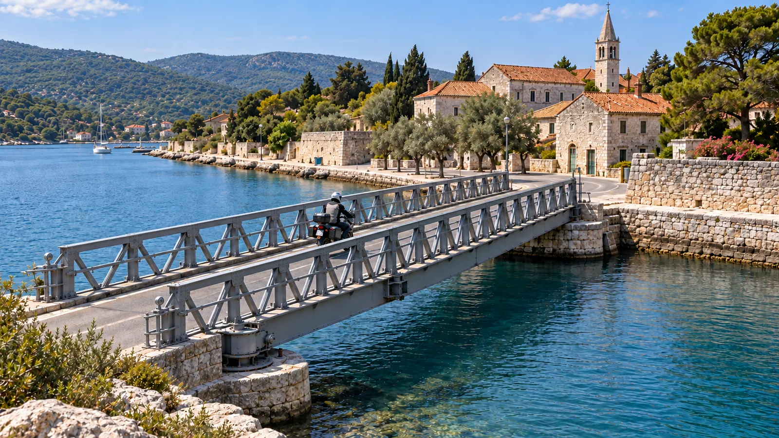 A motorcyclist crosses the movable bridge at Osor between Cres and Lošinj, with the stone waterfront beyond.