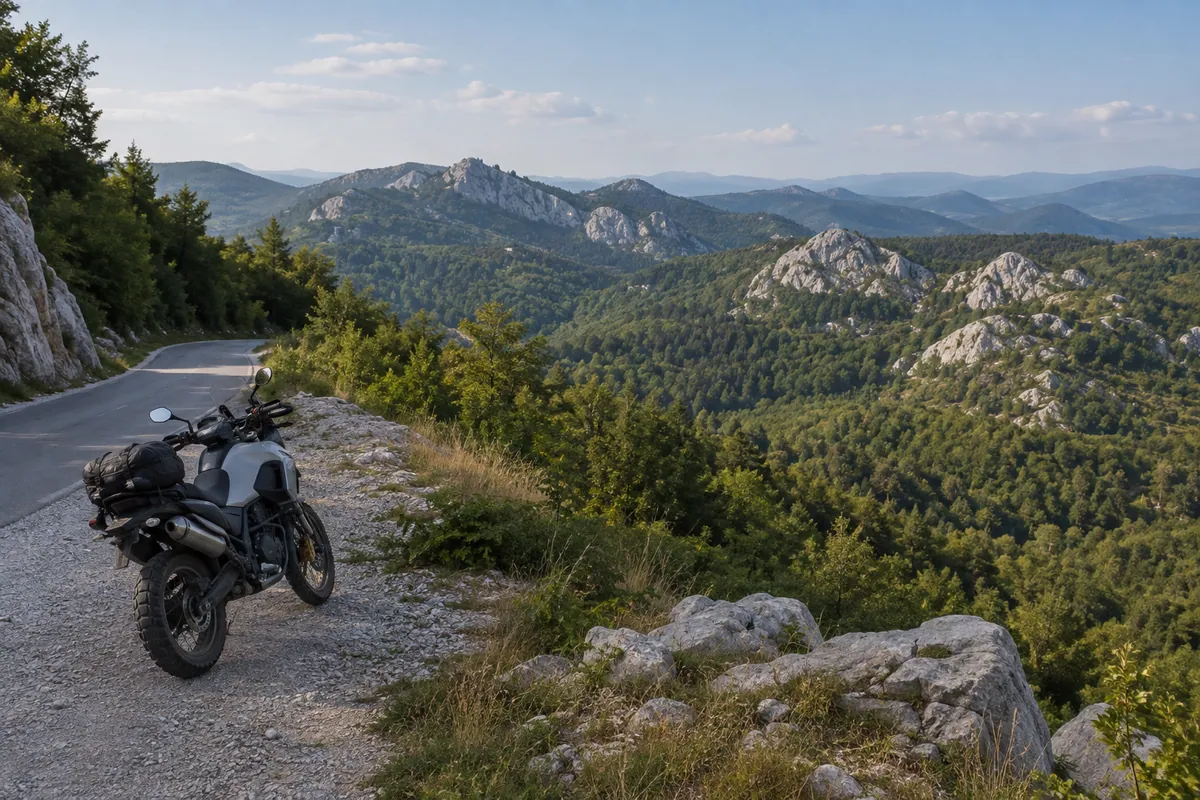 A parked adventure motorcycle overlooks forested karst and pale limestone formations near Dabarska kosa.