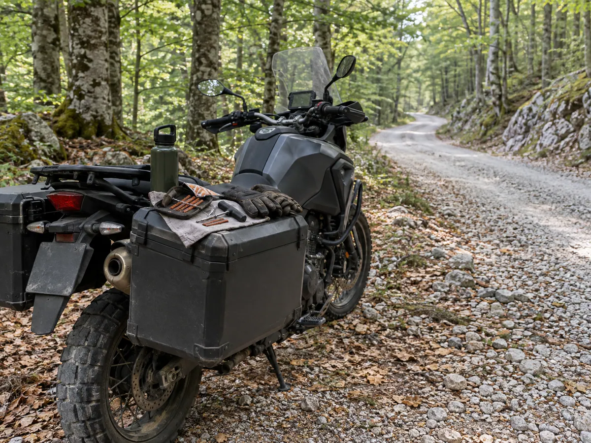 Water and puncture tools sit beside an adventure motorcycle stopped safely off a remote Velebit gravel road.