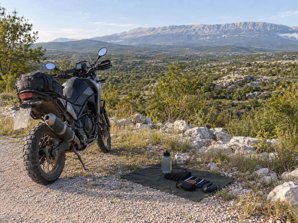 Water, tools and a helmet sit beside a parked adventure motorcycle in an open karst setting.