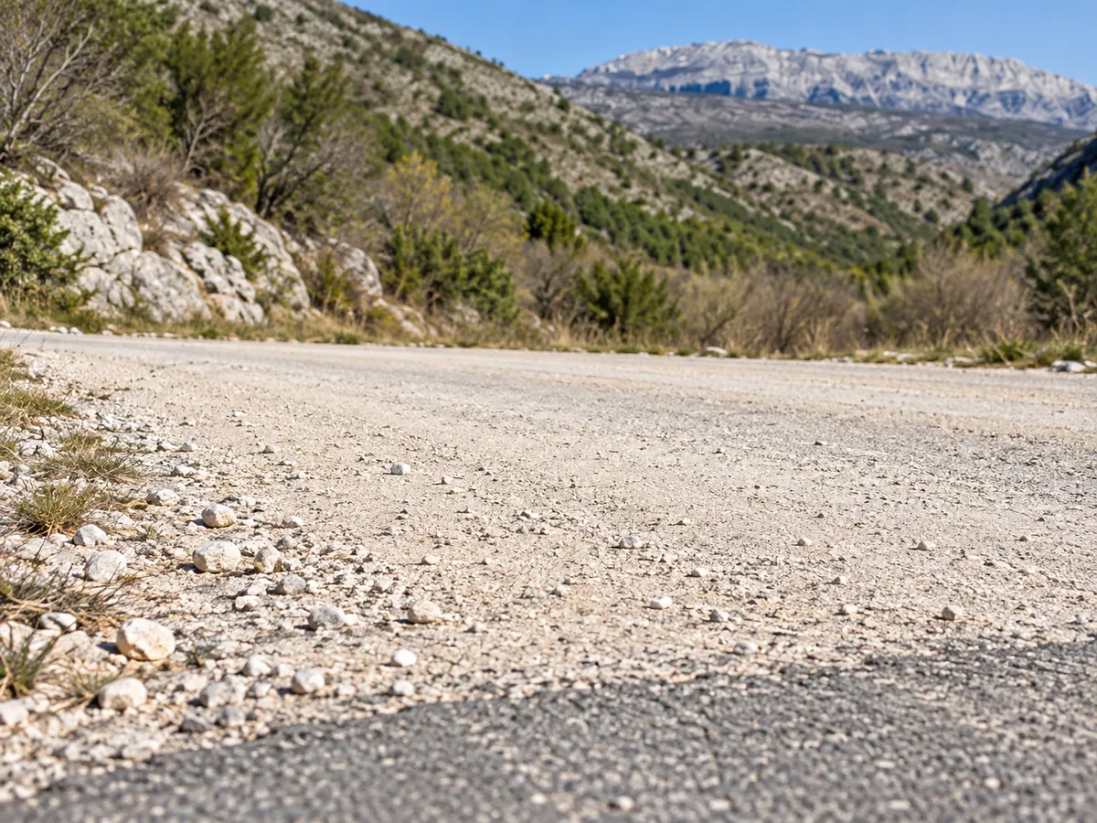 A pale gravel road shows compacted macadam and loose stones beneath a motorcycle tyre.