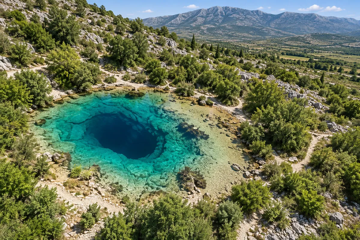 An overhead view of the deep blue centre of Cetina Spring surrounded by shallow turquoise water.