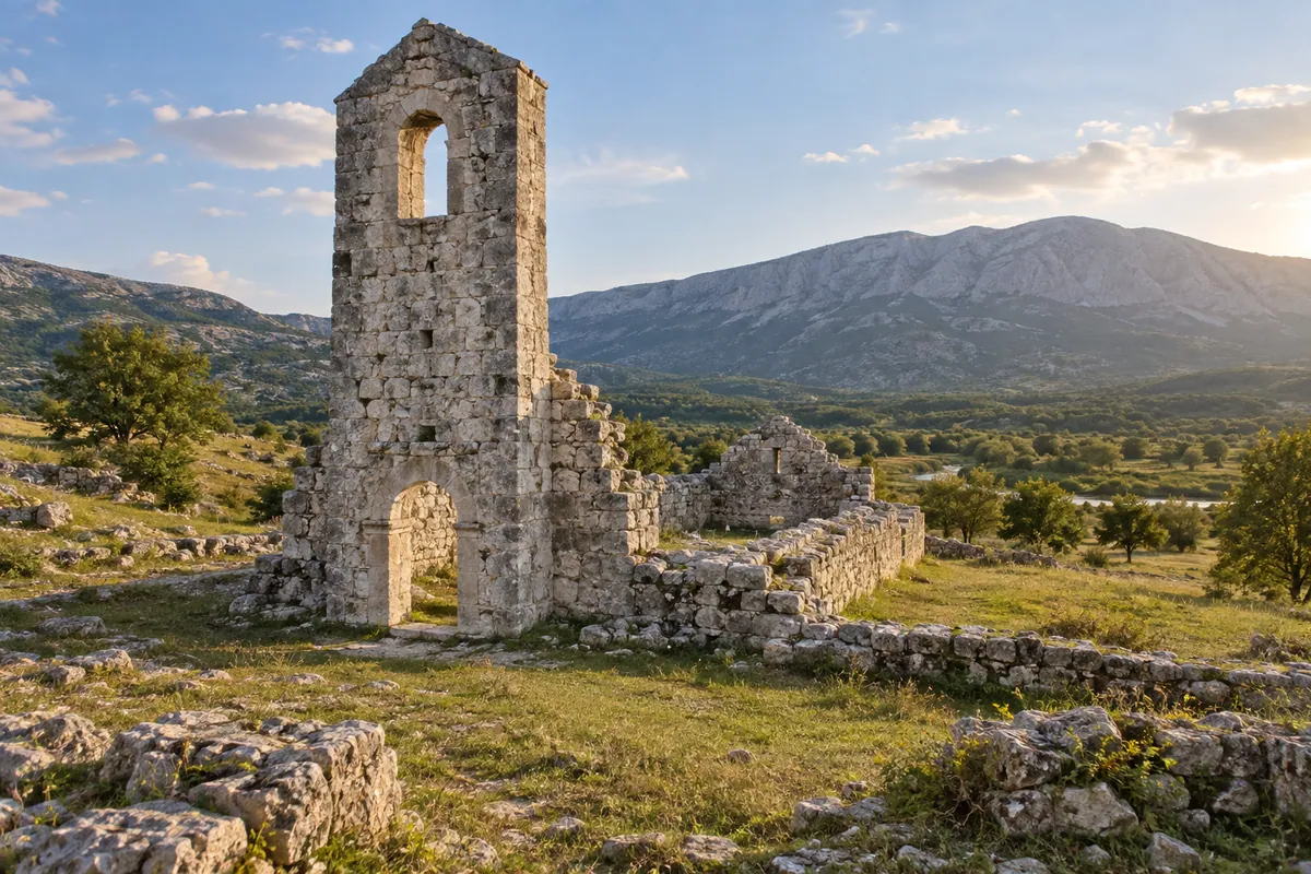 A small stone church stands in a karst landscape near the upper Cetina.