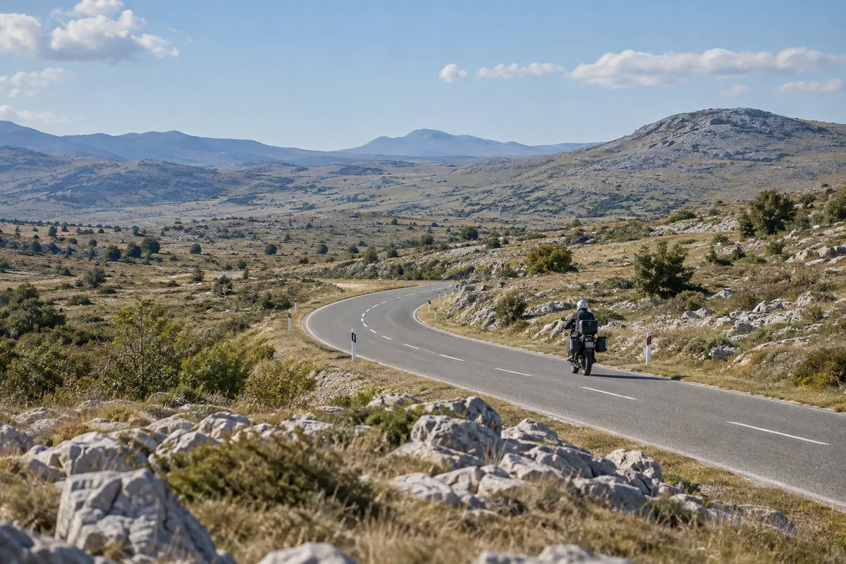 A rider follows paved bends across limestone high country between Mostar and Nevesinje.