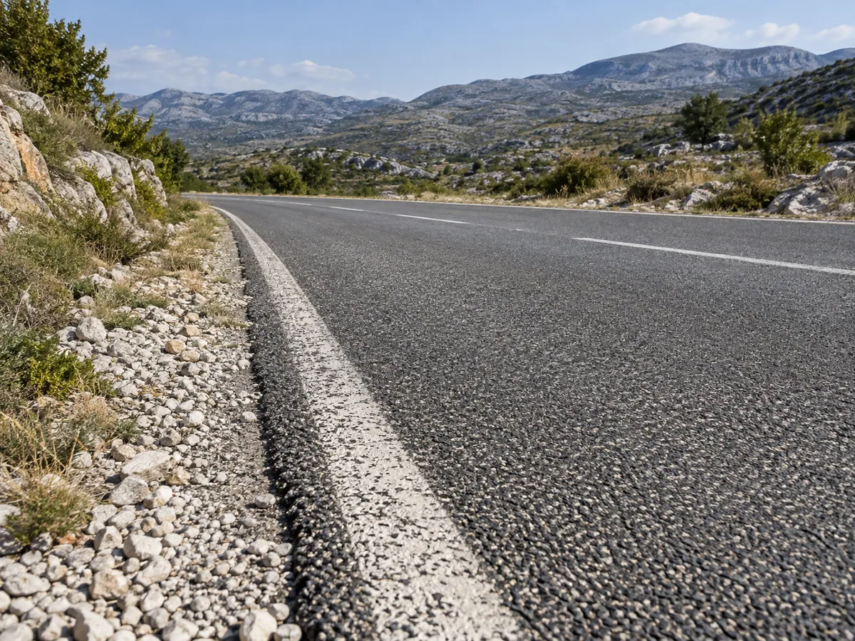 A paved road edge meets pale limestone terrain on the approach from Bileća to Trebinje.