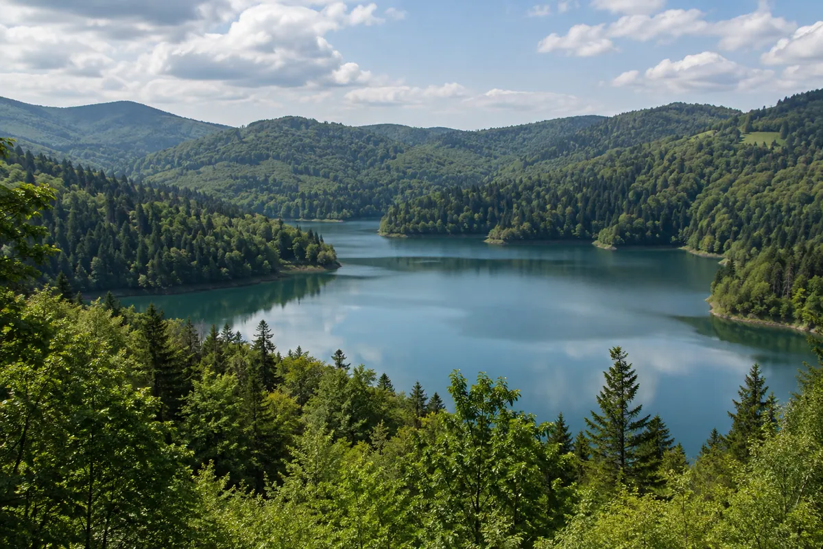 A broad blue-green reservoir lies among wooded Gorski kotar slopes beneath a partly cloudy sky.