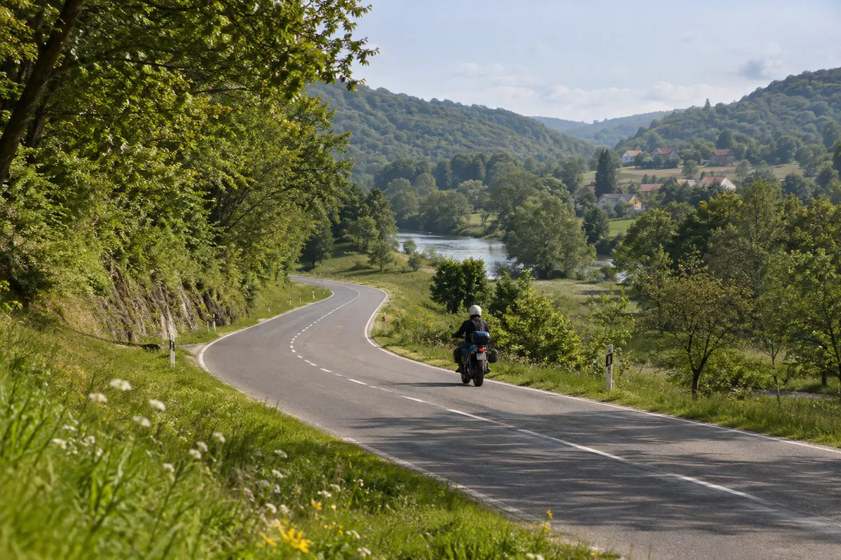 A touring rider follows a gentle bend through green hills and trees on the inland approach to Gorski kotar.