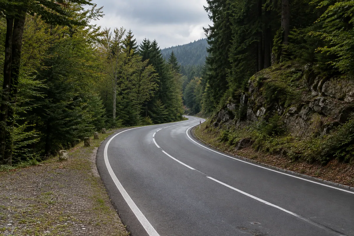 An empty paved road winds through mixed forest in the highlands around Skrad and Delnice.