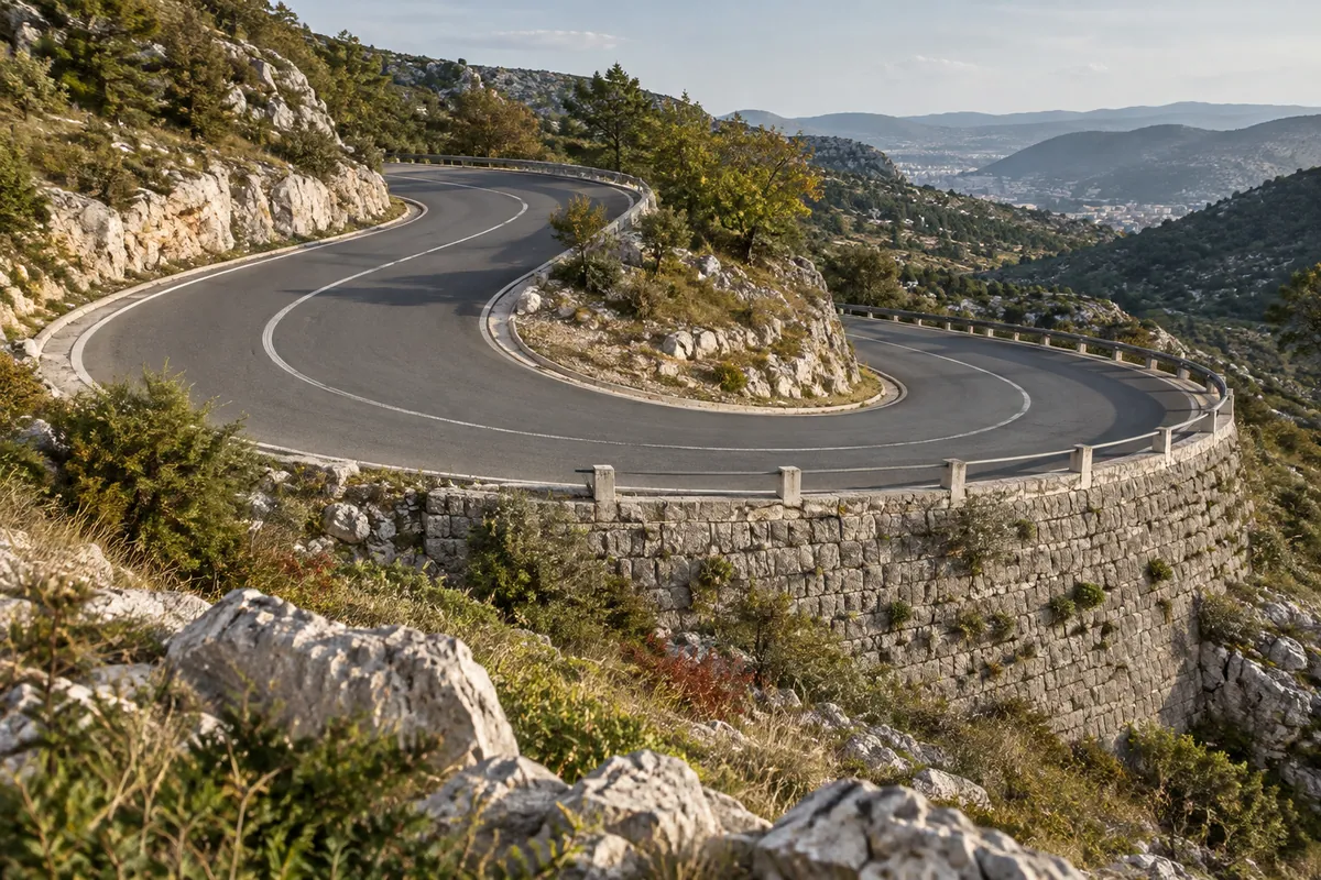 A stone-supported hairpin evokes the engineering of Lujzijana's descent toward Rijeka.