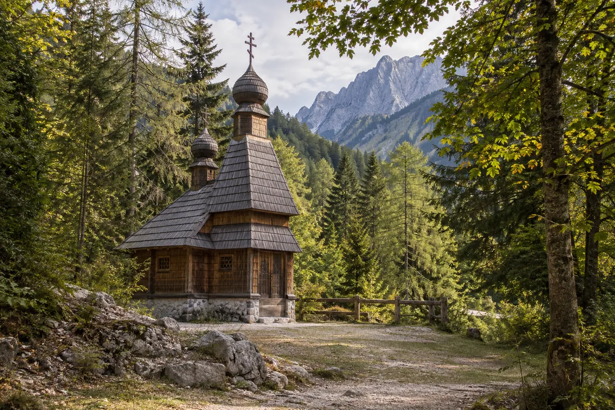 A small wooden chapel stands among trees beside a mountain road.